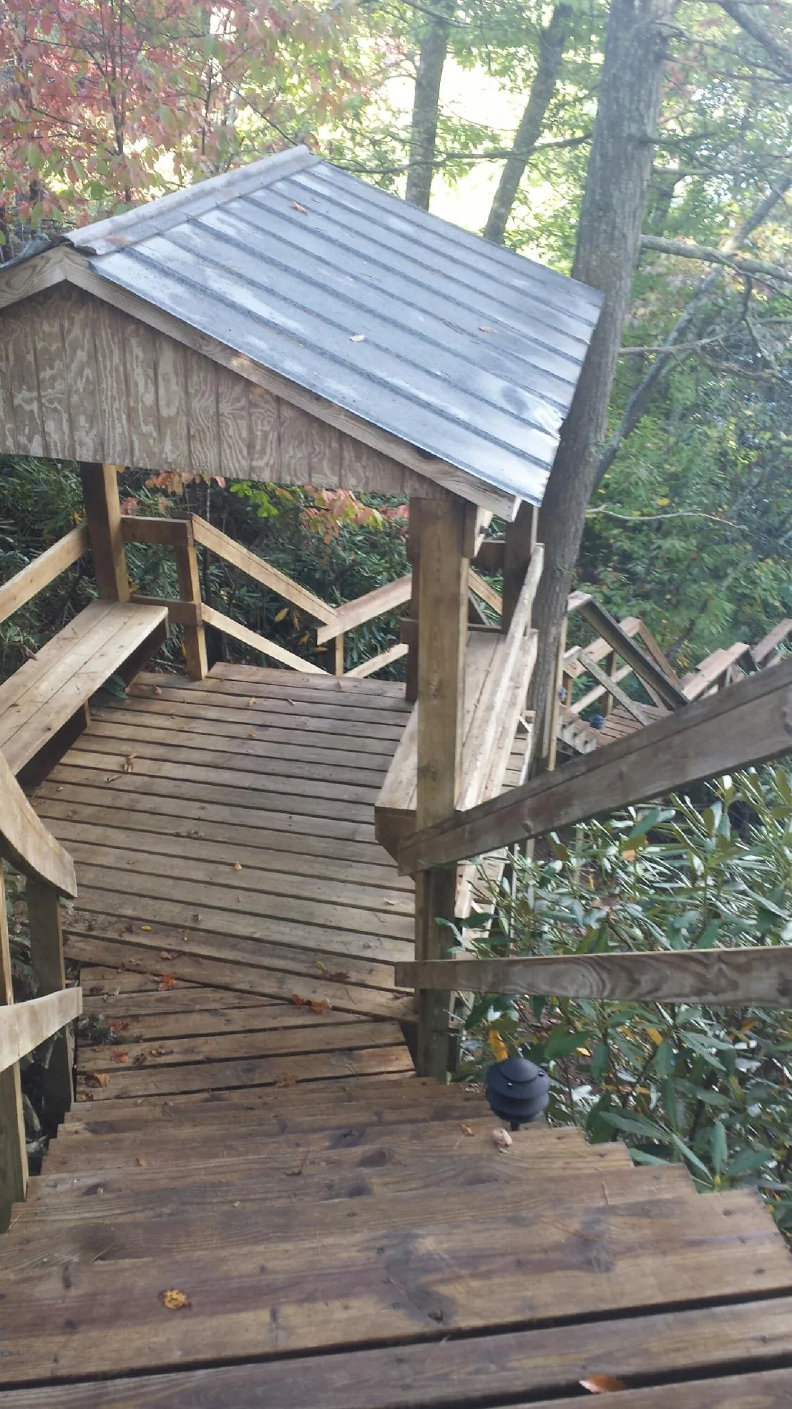 Metal roofed shelter over wooden steps on a wooded walkway — Skylight Repair & Installation work by our crew in West Branch